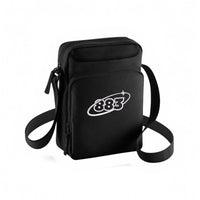 Black across-body bag with a white 883 orbit logo embroidered on the front pocket.