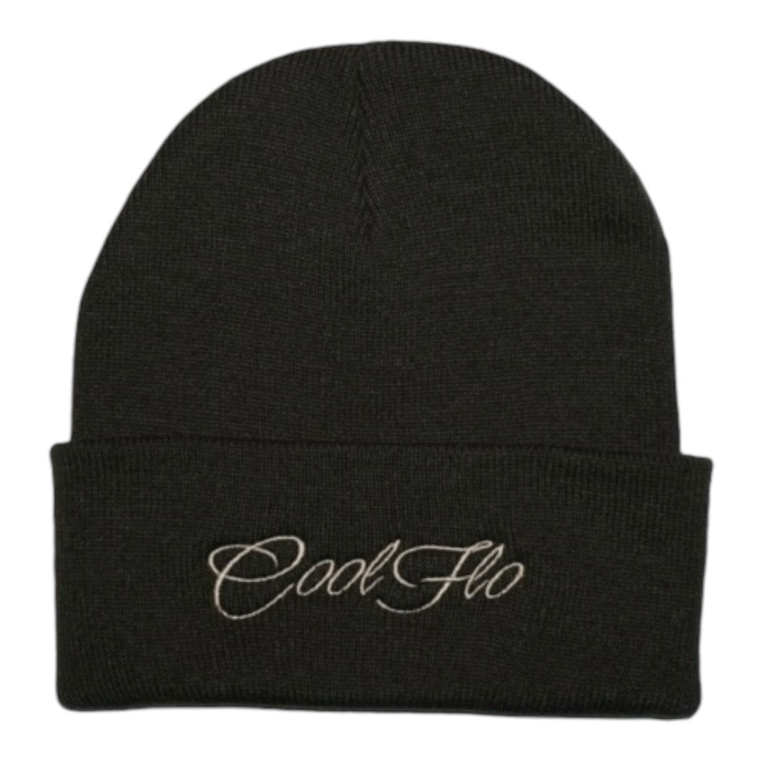 Cosy classic cuffed Khaki beanie, featuring an embroidered Cool Flo script.  