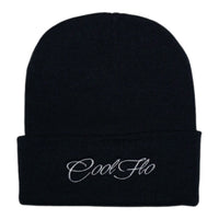 Cosy classic navy cuffed blue beanie, featuring an embroidered Cool Flo script.  