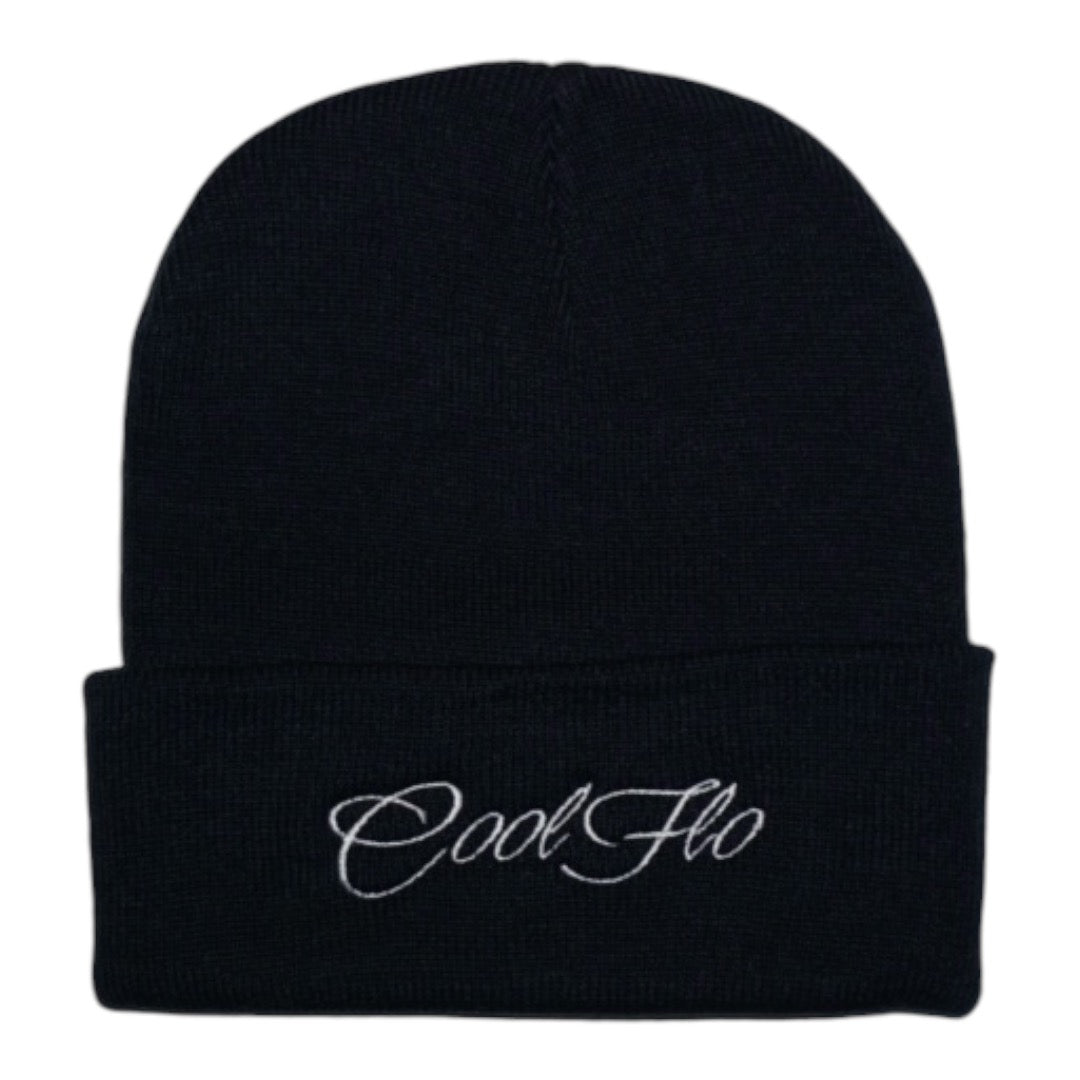 Cosy classic navy cuffed blue beanie, featuring an embroidered Cool Flo script.  