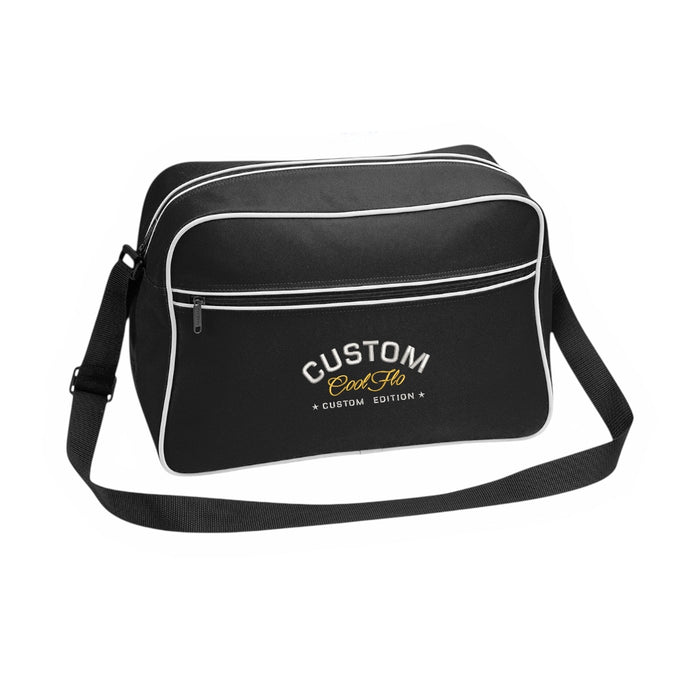 Cool Flo Custom Edition Retro Bag in black with silver custom embroidery and yellow logo, front view.