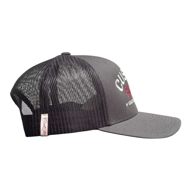Cool Flo Custom Edition Dark Grey Trucker Cap with silver custom embroidery and burgundy logo, side view.