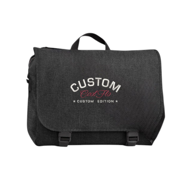Cool Flo Custom Edition Digital Messenger Bag in anthracite grey with silver custom embroidery and burgundy logo, front view.