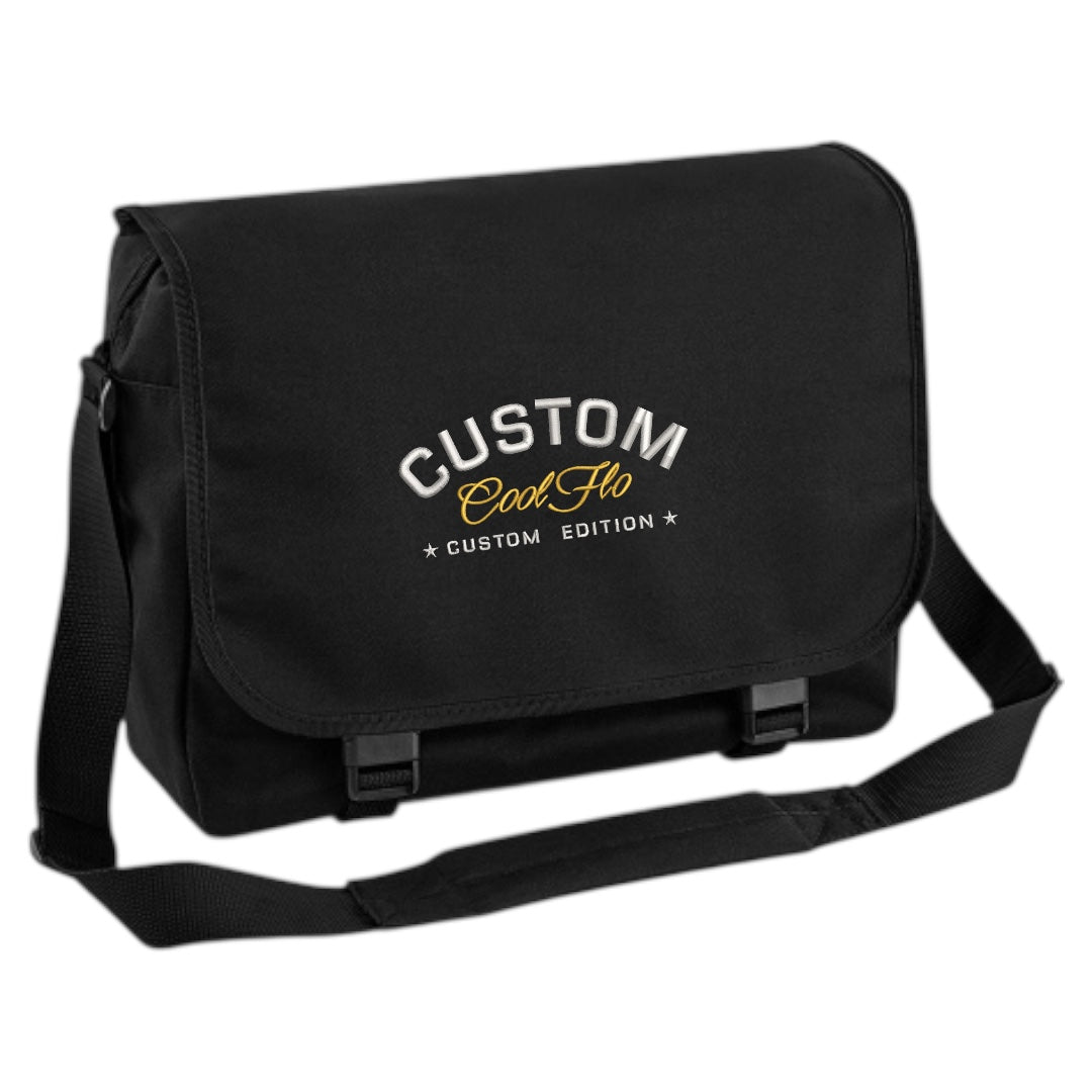 Cool Flo Custom Edition Messenger Bag in black with silver custom embroidery and yellow logo, front view.