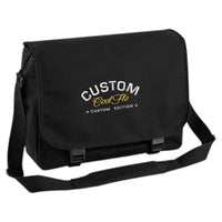 Cool Flo Custom Edition Messenger Bag in black with silver custom embroidery and yellow logo, front view.