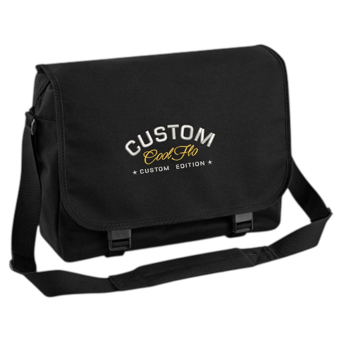 Cool Flo Custom Edition Messenger Bag in black with silver custom embroidery and yellow logo, front view.