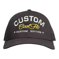 Cool Flo Custom Edition Black Trucker Cap with silver custom embroidery and yellow logo, front view.