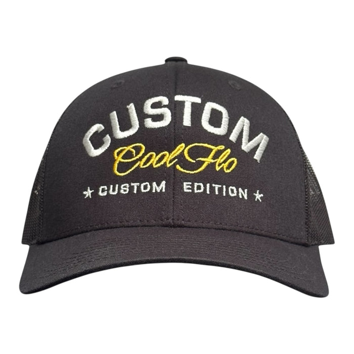 Cool Flo Custom Edition Black Trucker Cap with silver custom embroidery and yellow logo, front view.