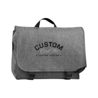 Cool Flo Custom Edition Digital Messenger Bag in grey with black custom embroidery and silver logo, front view.