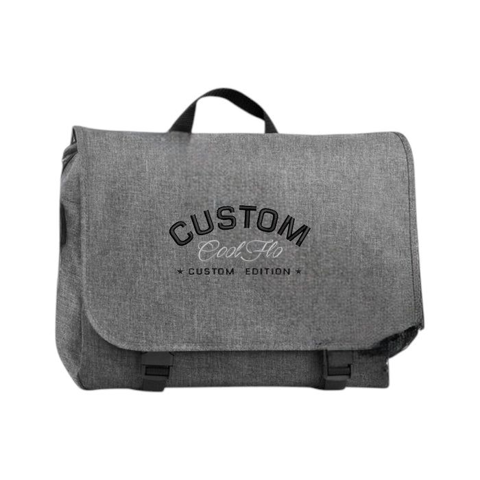 Cool Flo Custom Edition Digital Messenger Bag in grey with black custom embroidery and silver logo, front view.
