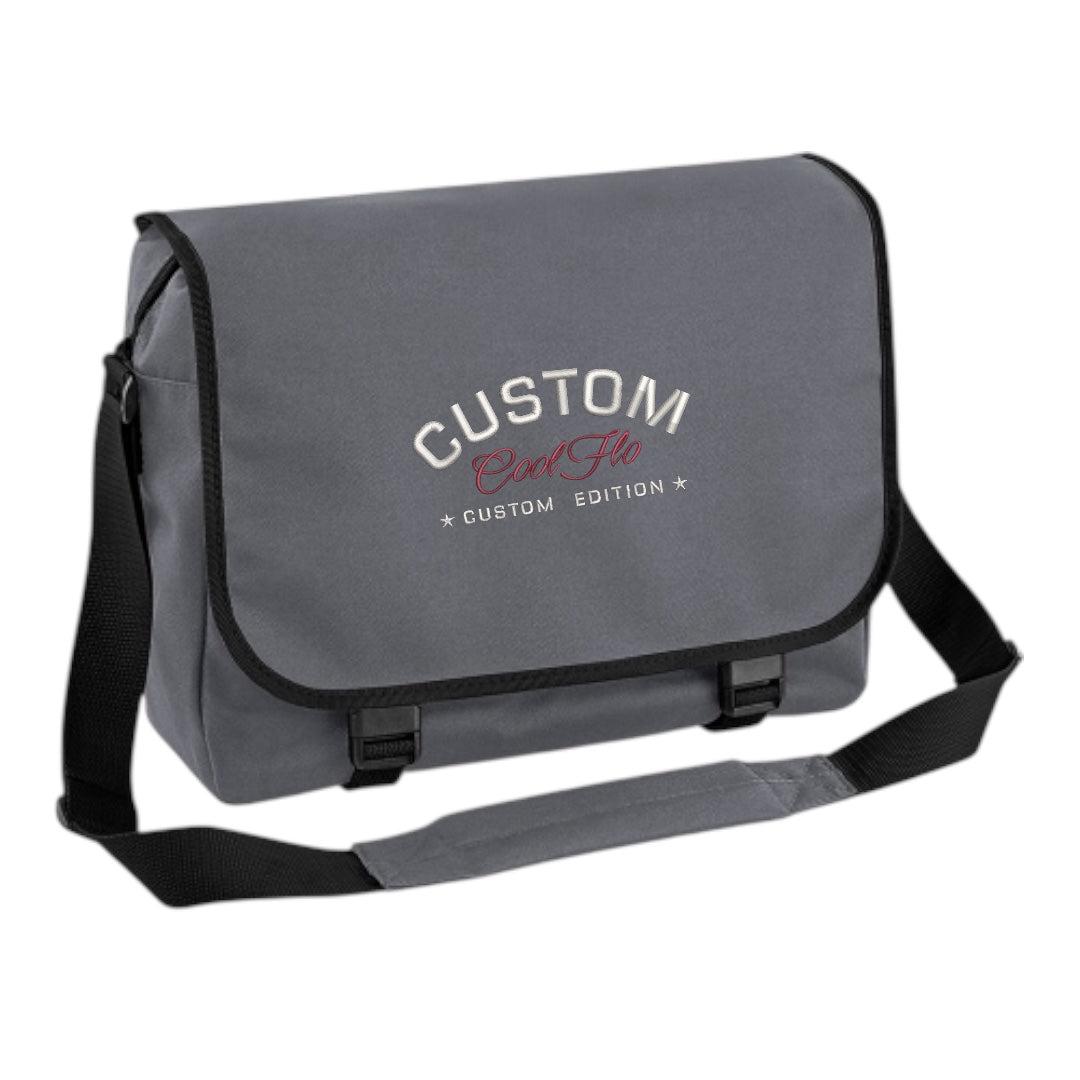 Cool Flo Custom Edition Messenger Bag in grey with silver custom embroidery and burgundy logo, front view.