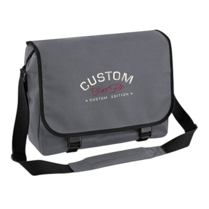 Cool Flo Custom Edition Messenger Bag in grey with silver custom embroidery and burgundy logo, front view.