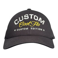 Cool Flo Custom Edition Black Baseball Cap with silver custom embroidery and yellow logo, front view.