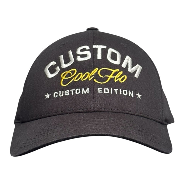 Cool Flo Custom Edition Black Baseball Cap with silver custom embroidery and yellow logo, front view.