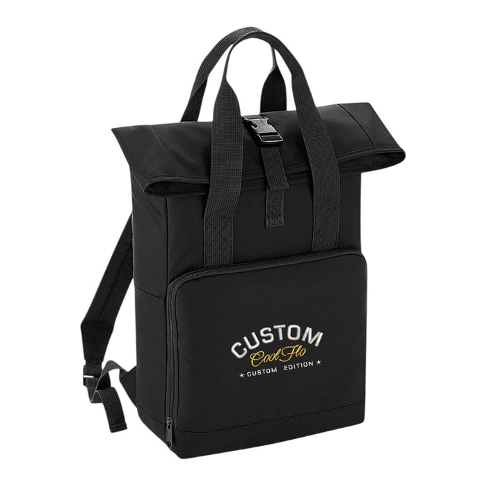 Cool Flo Custom Edition Roll-top Backpack in black with silver custom embroidery and yellow logo, front view.
