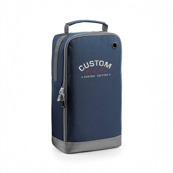 Cool Flo Custom Edition Detailer Bag in blue with silver custom embroidery and dark red logo, front view.