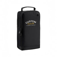 Cool Flo Custom Edition Detailer Bag in black with silver custom embroidery and yellow logo, front view.