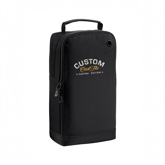 Cool Flo Custom Edition Detailer Bag in black with silver custom embroidery and yellow logo, front view.