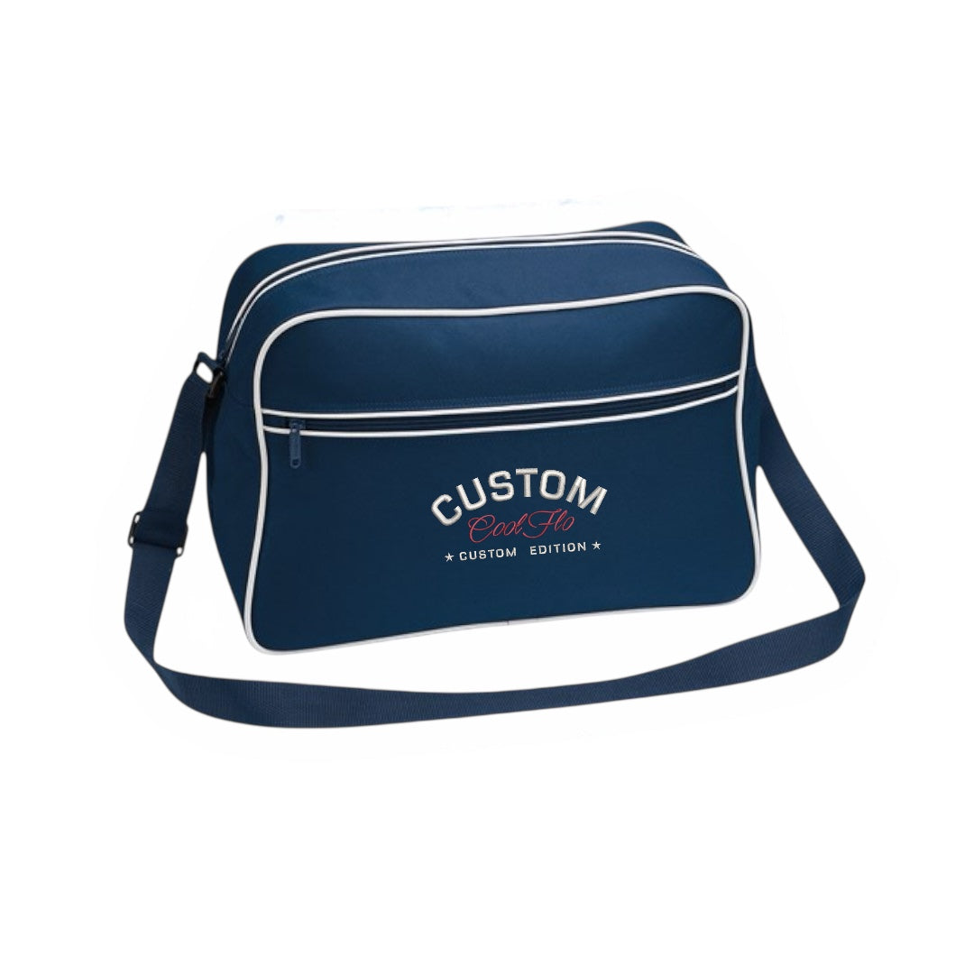 Cool Flo Custom Edition Retro Bag in blue with silver custom embroidery and dark red logo, front view.