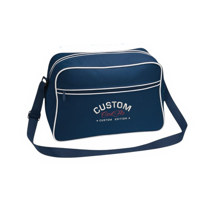 Cool Flo Custom Edition Retro Bag in blue with silver custom embroidery and dark red logo, front view.