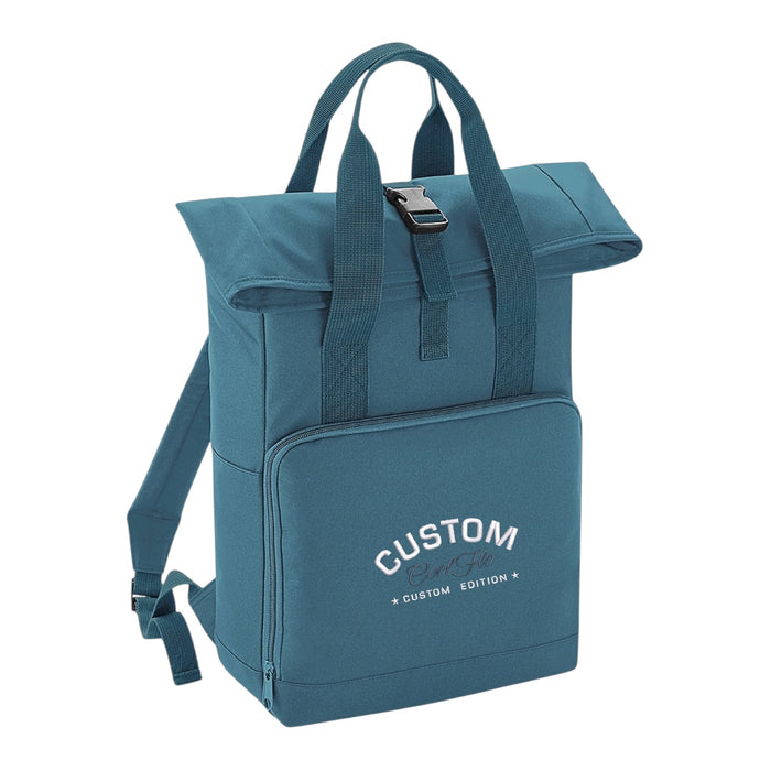 Cool Flo Custom Edition Roll-top Backpack in blue with silver custom embroidery and burgundy logo, front view.