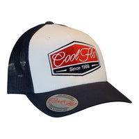 Cool Flo Navy Blue and white contrast trucker cap with navy, red and white embroidered badge design on the front.Cool Flo - Since 1989