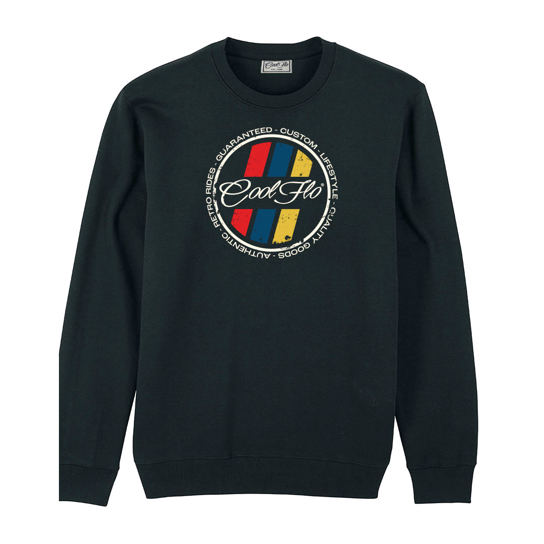 Cool Flo black sweatshirt with a circular retro stripes design.