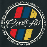 Close-up of Cool Flo black sweatshirt with a circular retro stripes design.