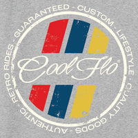 Close-up of Cool Flo grey sweatshirt with a circular retro stripes design.