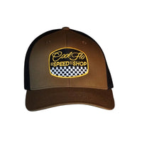 Cool Flo Black & brown trucker cap with  logo and Speed Shop chequered design in yellow, black and white embroidery.