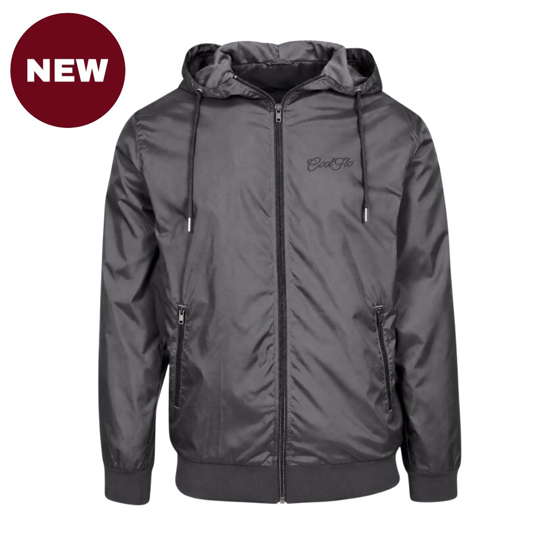 'NEW' Cool Flo Wind Runner Jacket in dark grey with tonal embroidered Script logo, hood and zipped pockets.