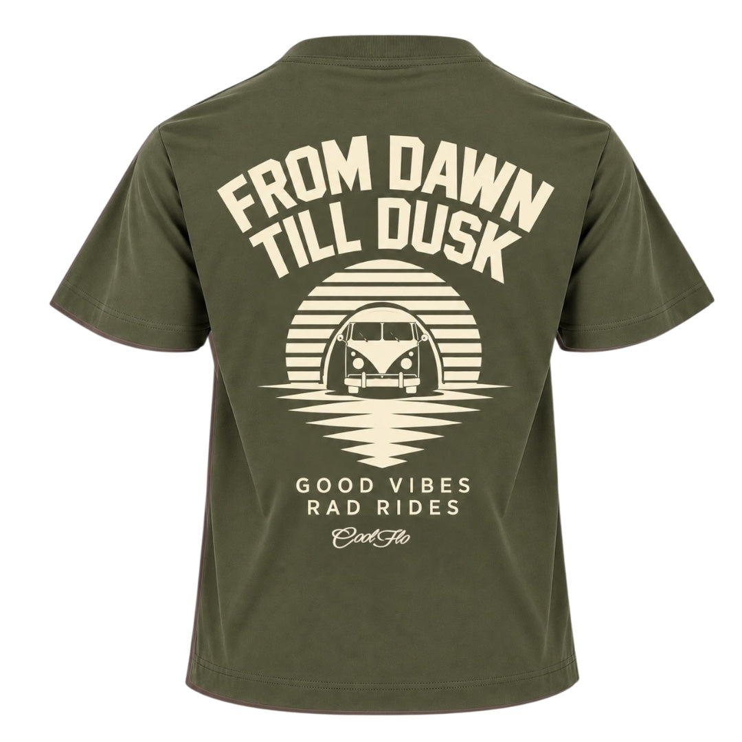 Back view of Cool Flo khaki t-shirt, featuring a cream print with 'From Dawn till Dusk' with a linear graphic design with a VW split-screen campervan and the words 'Good Vibes Rad Rides' and the Cool Flo logo beneath.