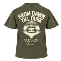 Back view of Cool Flo khaki t-shirt, featuring a cream print with 'From Dawn till Dusk' with a linear graphic design with a VW split-screen campervan and the words 'Good Vibes Rad Rides' and the Cool Flo logo beneath.