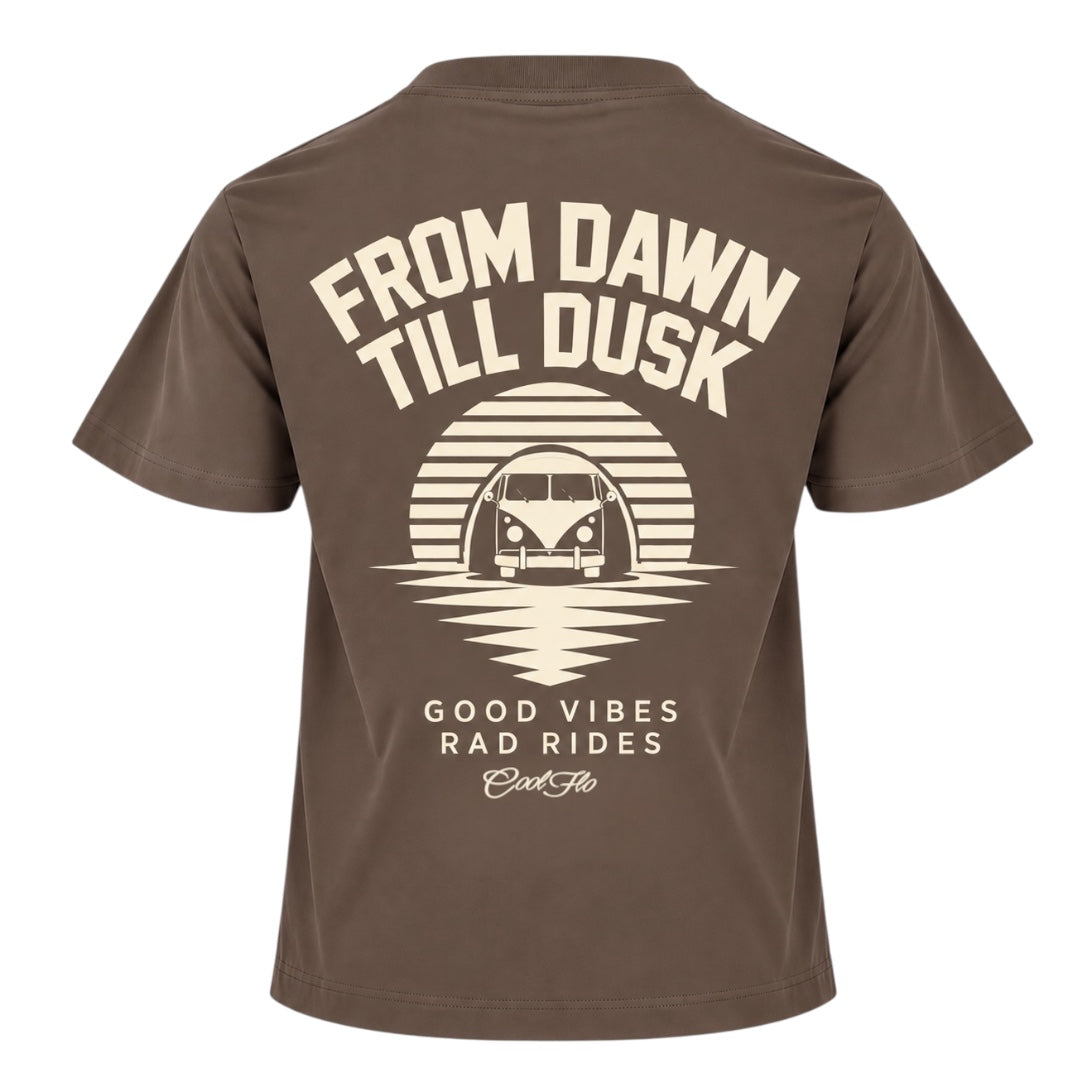 Back view of Cool Flo mocha t-shirt, featuring a cream print with 'From Dawn till Dusk' with a linear graphic design with a VW split-screen campervan and the words 'Good Vibes Rad Rides' and the Cool Flo logo beneath.