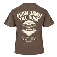 Back view of Cool Flo mocha t-shirt, featuring a cream print with 'From Dawn till Dusk' with a linear graphic design with a VW split-screen campervan and the words 'Good Vibes Rad Rides' and the Cool Flo logo beneath.