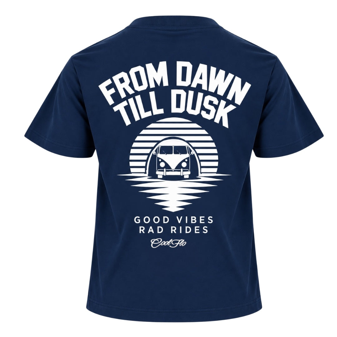 Back view of Cool Flo navy t-shirt, featuring a white print with 'From Dawn till Dusk' with a linear graphic design with a VW split-screen campervan and the words 'Good Vibes Rad Rides' and the Cool Flo logo beneath.