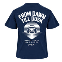 Back view of Cool Flo navy t-shirt, featuring a white print with 'From Dawn till Dusk' with a linear graphic design with a VW split-screen campervan and the words 'Good Vibes Rad Rides' and the Cool Flo logo beneath.