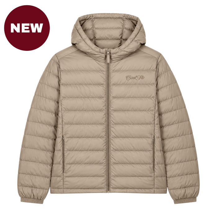 'NEW' Cool Flo Puffer Jacket in desert dust with tonal embroidered Cool Flo Script logo, hood, zipped pockets and quilted finish.