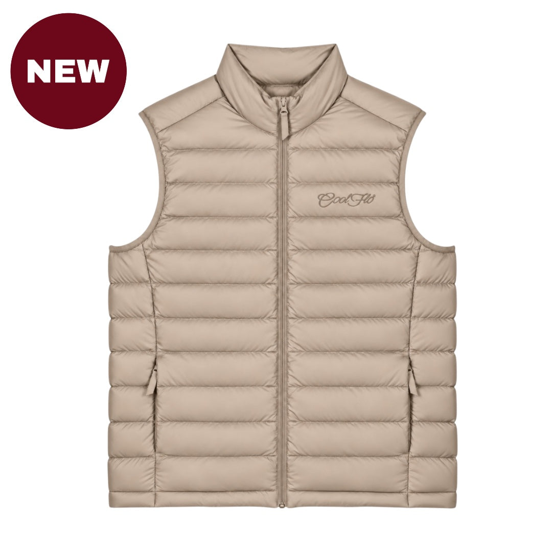 'NEW' Cool Flo Puffer Gilet in desert dust with tonal embroidered Cool Flo Script logo, zippered pockets and quilted finish.