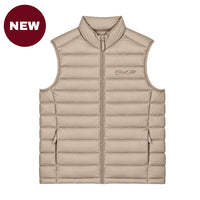 'NEW' Cool Flo Puffer Gilet in desert dust with tonal embroidered Cool Flo Script logo, zippered pockets and quilted finish.