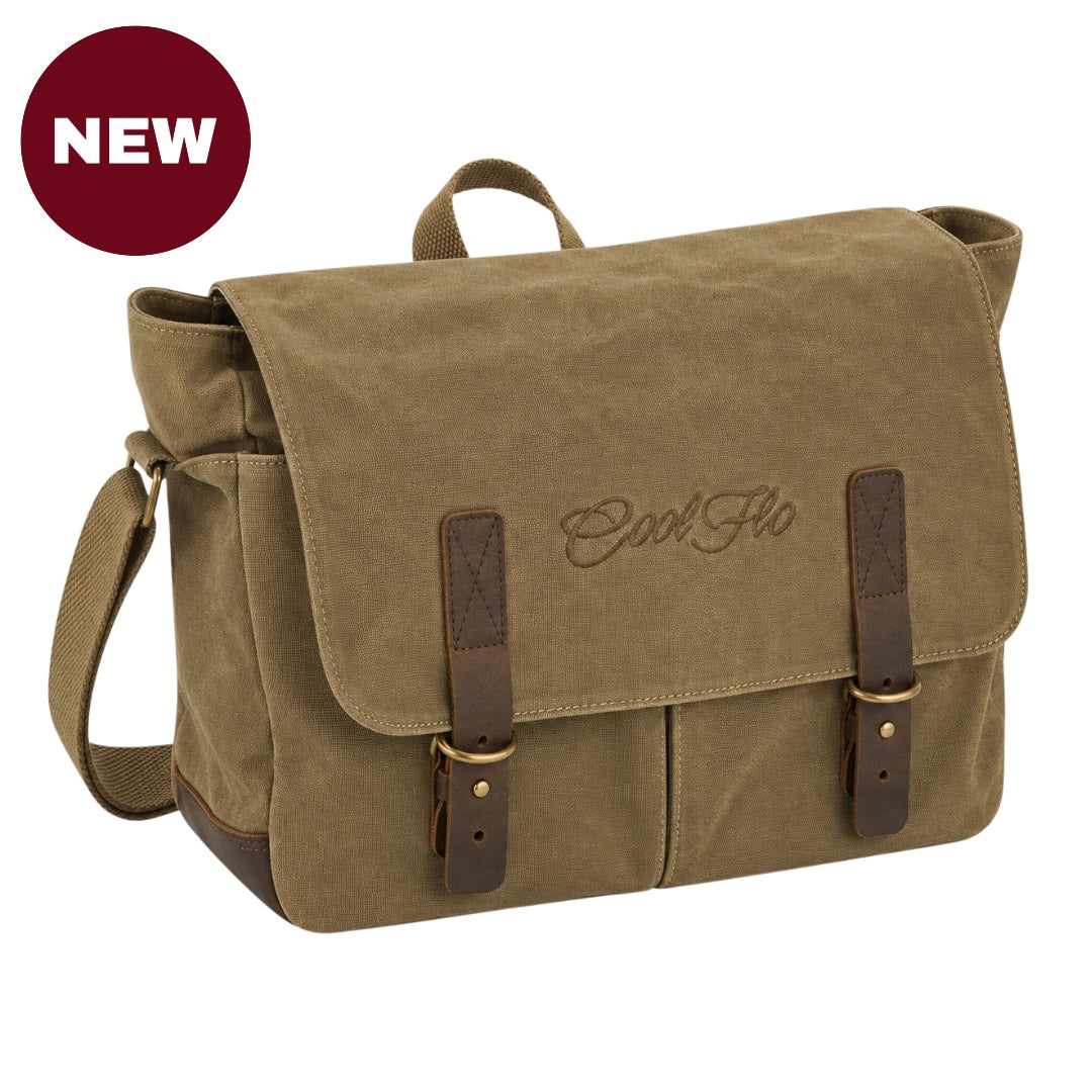 'NEW" Desert Sand canvas messenger bag with dark brown leather straps and a matching top handle, featuring the brand name 'Cool Flo' embroidered on the front flap.