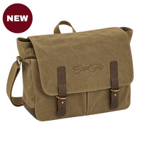 'NEW" Desert Sand canvas messenger bag with dark brown leather straps and a matching top handle, featuring the brand name 'Cool Flo' embroidered on the front flap.