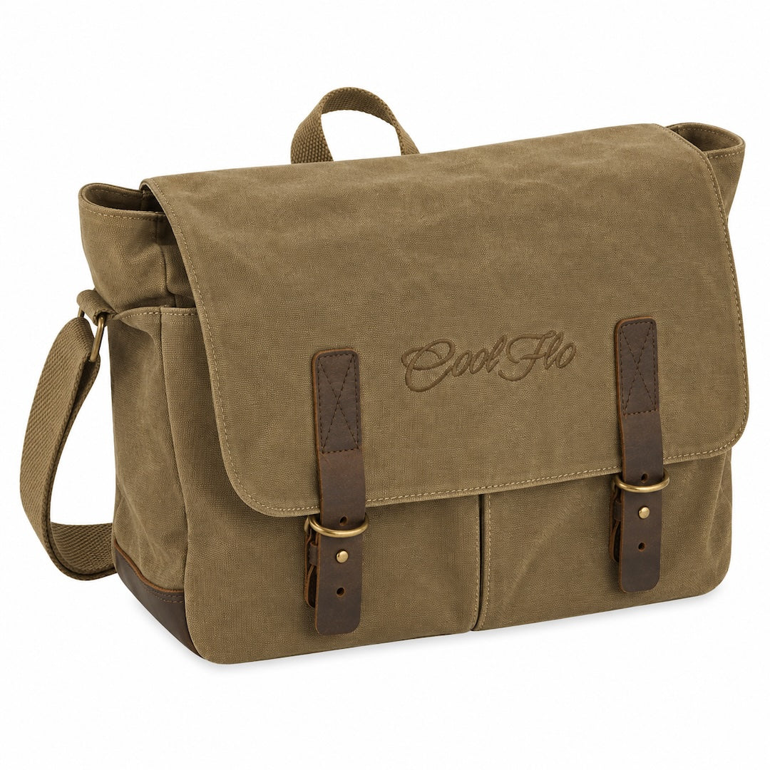A desert sand canvas messenger bag with dark brown leather straps and a matching top handle, featuring the brand name 'Cool Flo' embroidered on the front flap.