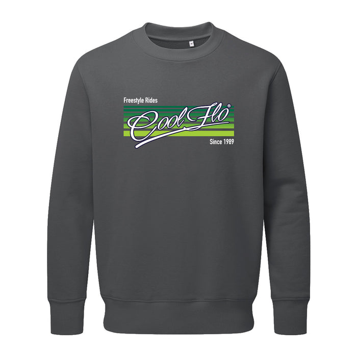 Cool Flo Freestyle Rides Anthracite Grey sweatshirt with a green and white 'Freestyle Rides' design printed on the front featuring a white Cool Flo script logo set on green stripes in varying shades with the words Freestyle Rides and Since 1989 above and below.