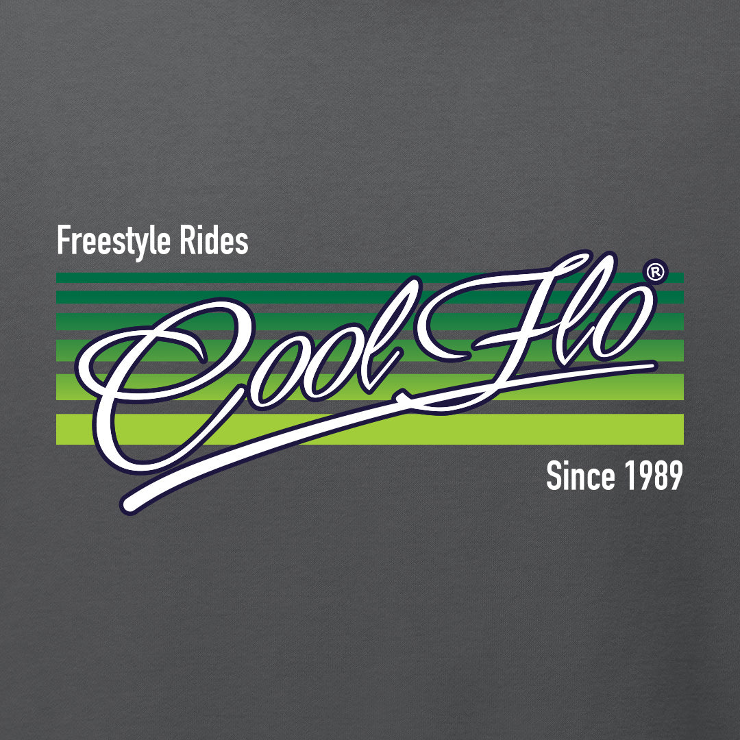 Close-up of Cool Flo Freestyle Rides Anthracite Grey sweatshirt with a green and white 'Freestyle Rides' design printed on the front featuring a white Cool Flo script logo set on green stripes in varying shades with the words Freestyle Rides and Since 1989 above and below.