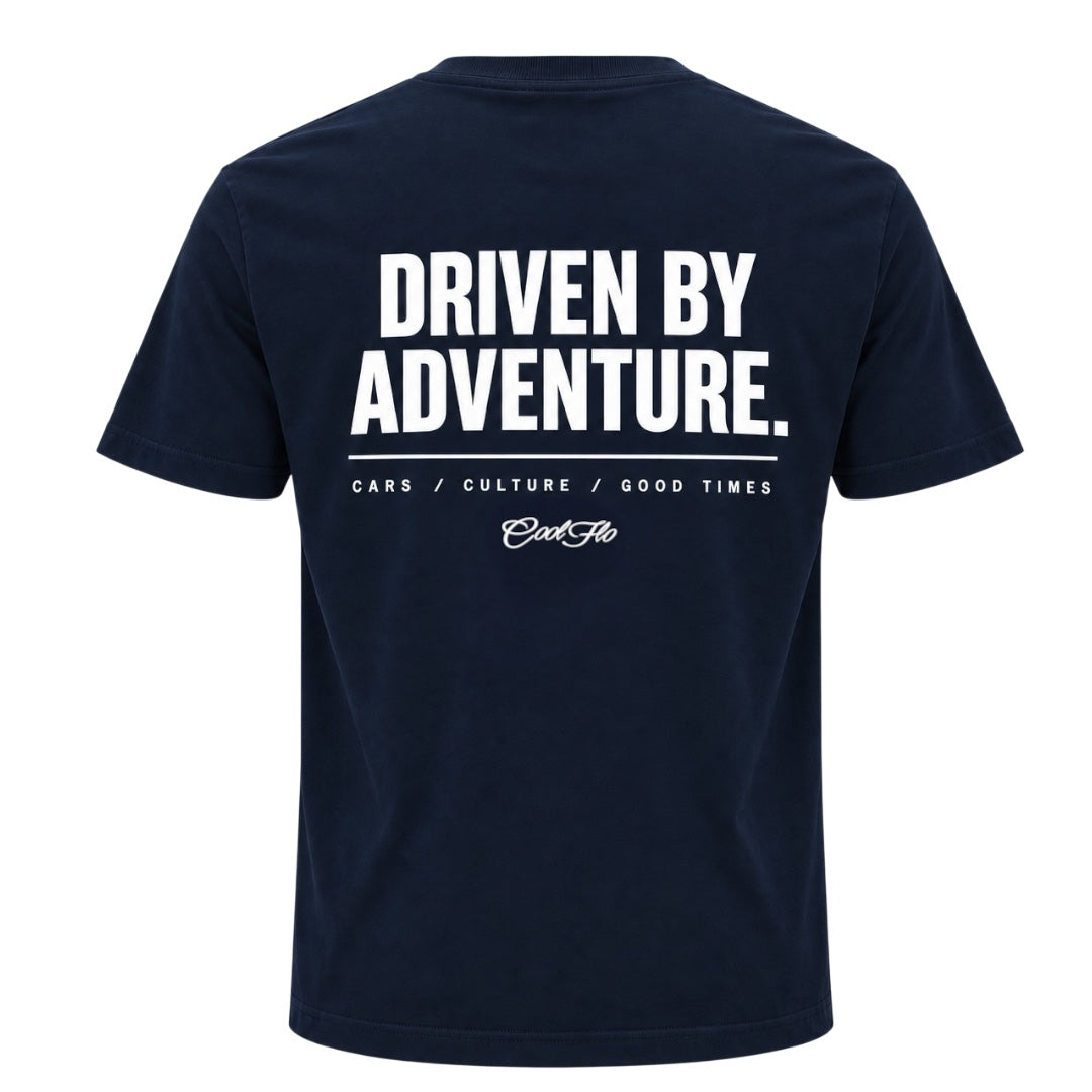 Back view of Navy Cool Flo t-shirt with 'Driven By Adventure' printed in white and the strapline 'Cars/Culture/Good Times 'and a Cool Flo logo below.