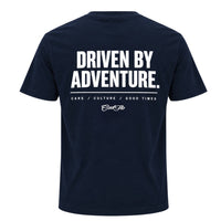 Back view of Navy Cool Flo t-shirt with 'Driven By Adventure' printed in white and the strapline 'Cars/Culture/Good Times 'and a Cool Flo logo below.