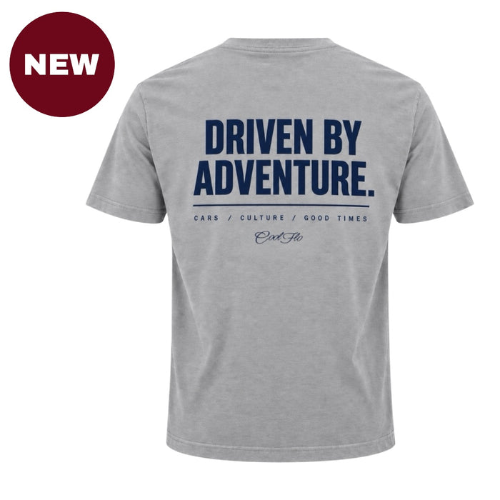 'NEW' Back view of Grey Cool Flo t-shirt with 'Driven By Adventure' printed in navy and the strapline 'Cars/Culture/Good Times 'and a Cool Flo logo below.