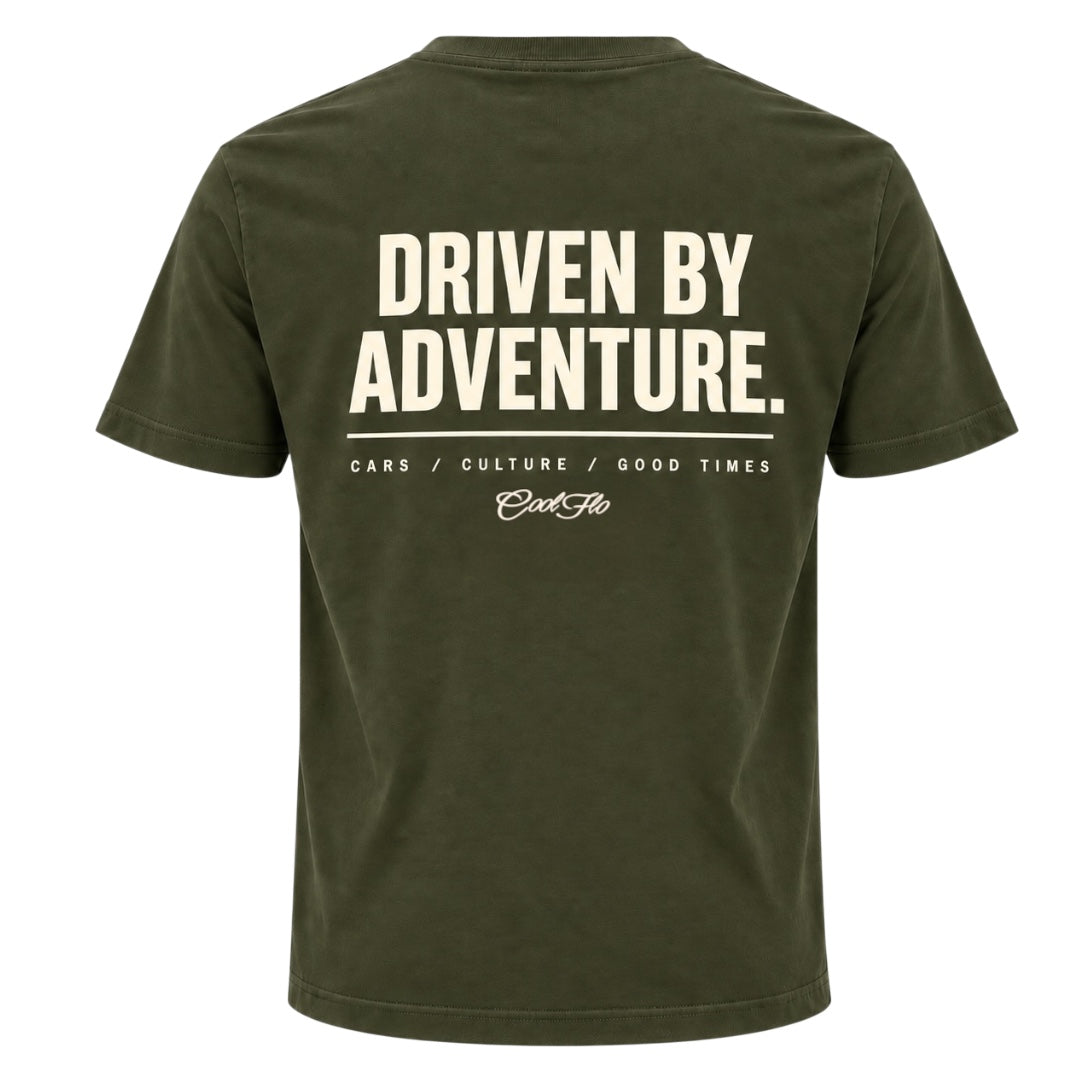 Back view of Khaki Cool Flo t-shirt with 'Driven By Adventure' printed in cream and the strapline 'Cars/Culture/Good Times 'and a Cool Flo logo below.