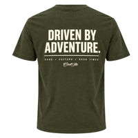 Back view of Khaki Cool Flo t-shirt with 'Driven By Adventure' printed in cream and the strapline 'Cars/Culture/Good Times 'and a Cool Flo logo below.